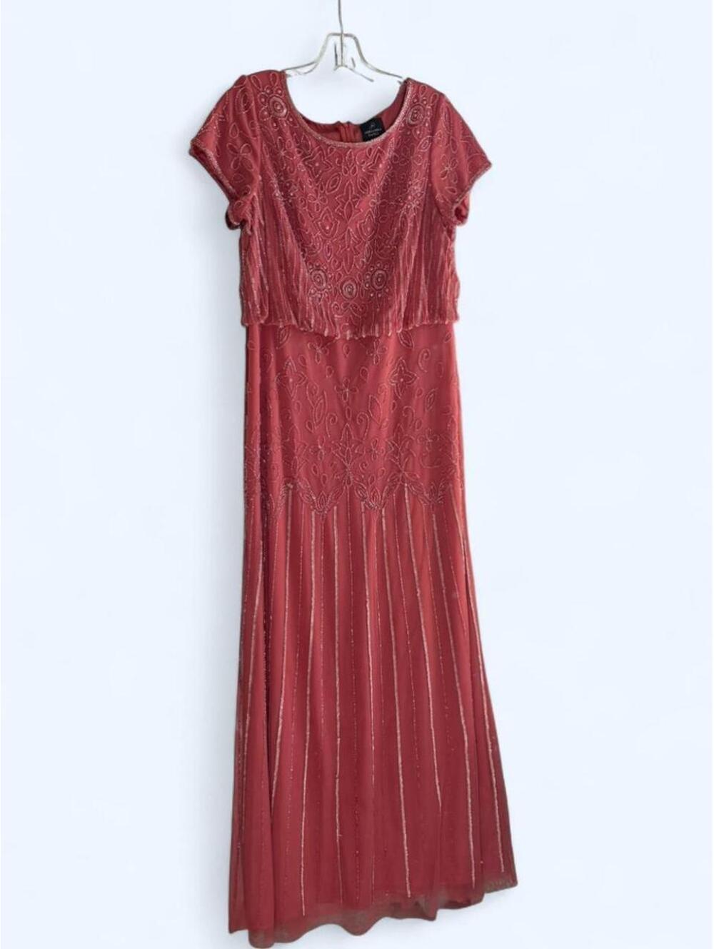 Adrianna Papell pink beaded maxi dress with cap sleeves and a flowy silhouette.